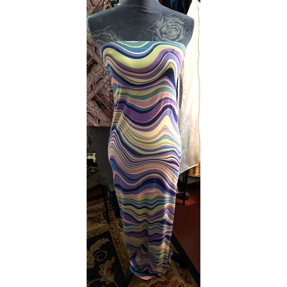 Almost Famous Strapless Maxi Dress in Lavender, Blue, Yellow & Pink Wave Print
